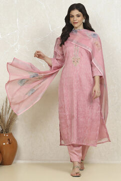 Peach Linen Digital Print Unstitched Suit Set image number 1