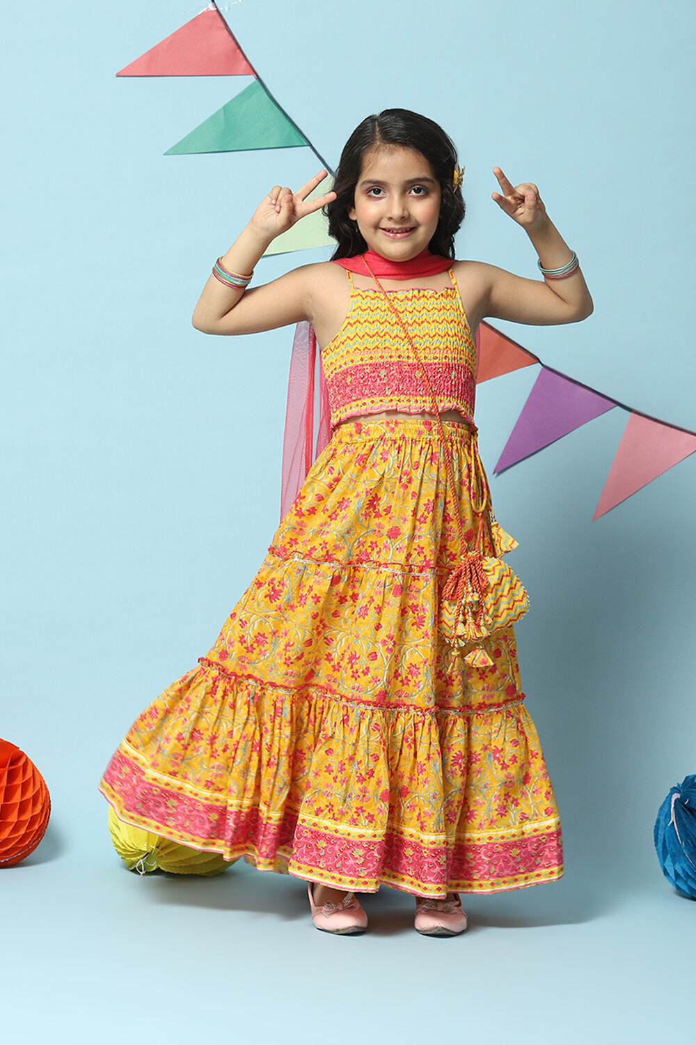 Yellow Cotton Short Top Lehenga Set image number 0