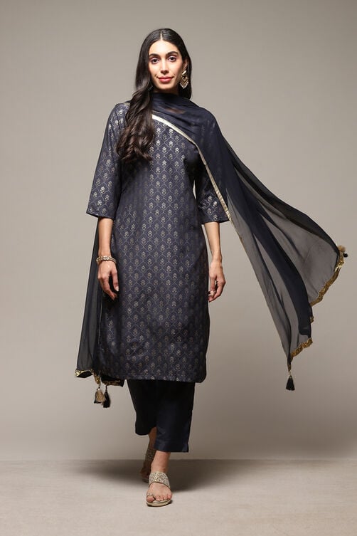Dark Navy Art Silk Straight Kurta Slim Pants Suit Set image number 0