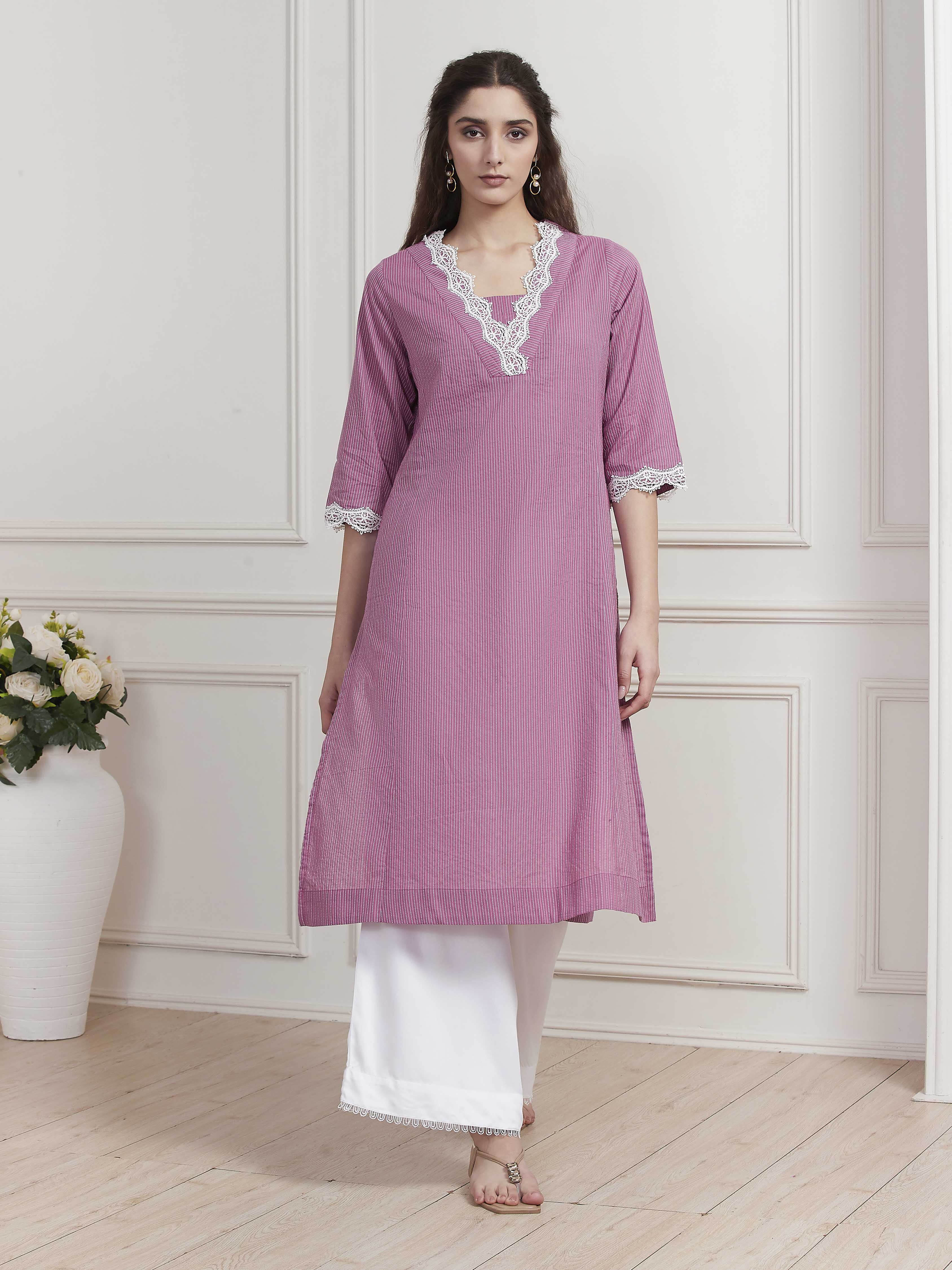 Purple Printed Yarn-Dyed Straight Kurta image number 5