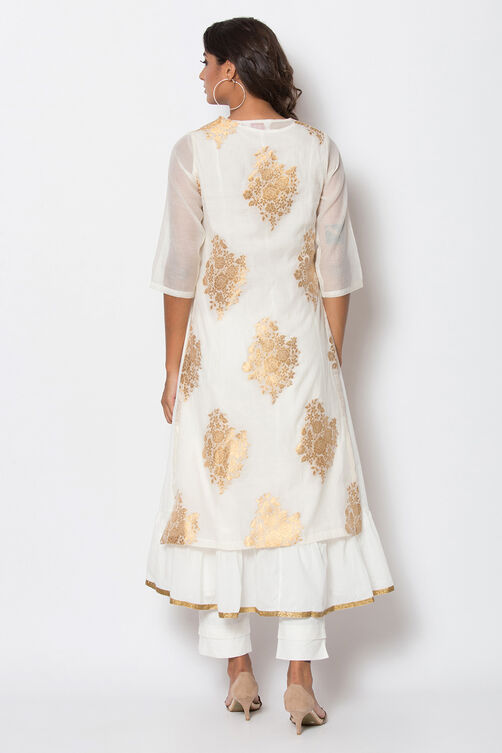Off White Poly Metallic Cotton Flared Yarndyed Kurta image number 5