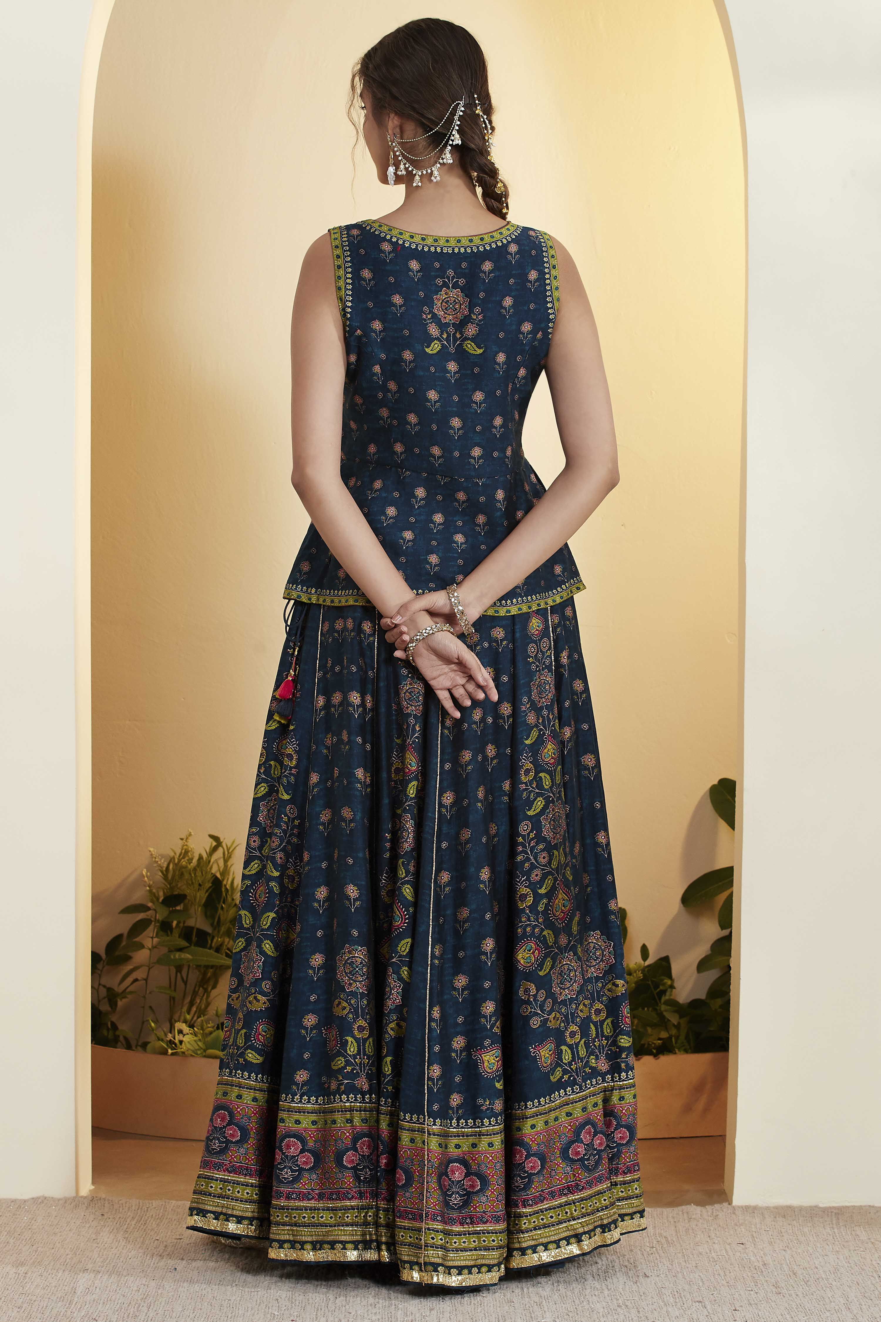 Blue Viscose Silk Floral Printed Peplum Lehenga Set image number 6