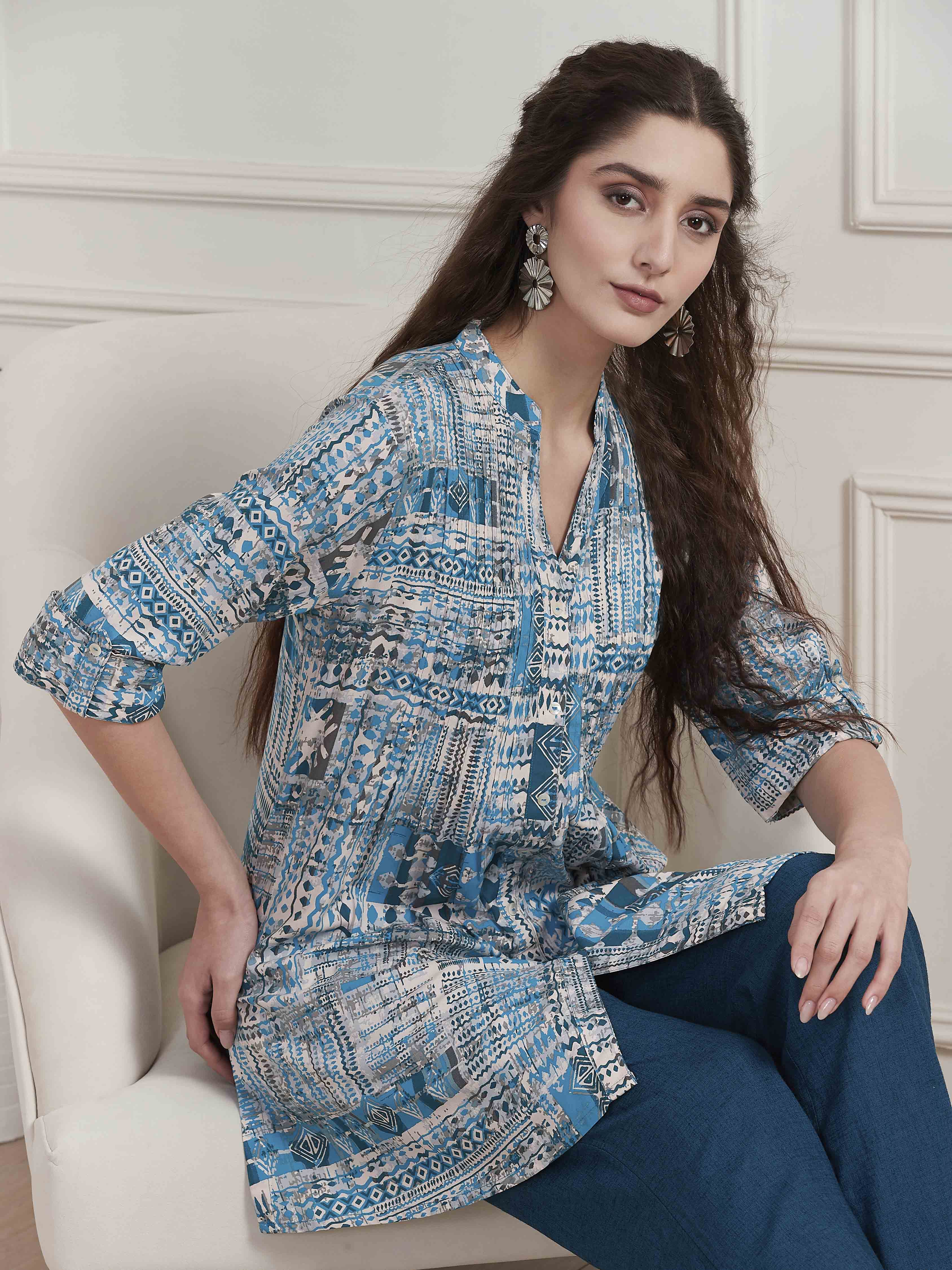 Teal Printed Pleated Shirt-Style Straight Short Kurta image number 7