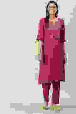 Fuschia Solid LIVA Straight Kurta Slim Pant Suit Set image number 0