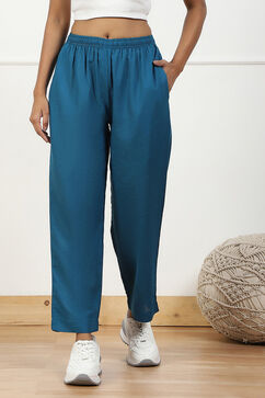 Blue Solid Mid-Rise Regular Fit Pants image number 4