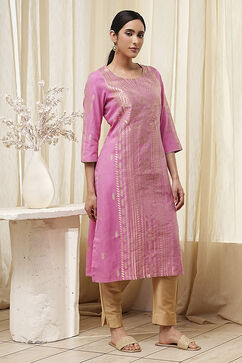 Pink Poly Cotton Straight Yarndyed Kurta image number 4