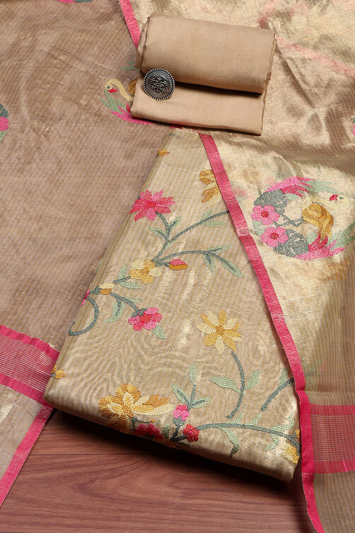Gold Tissue Machine Embroidered Unstitched Suit Set image number 0