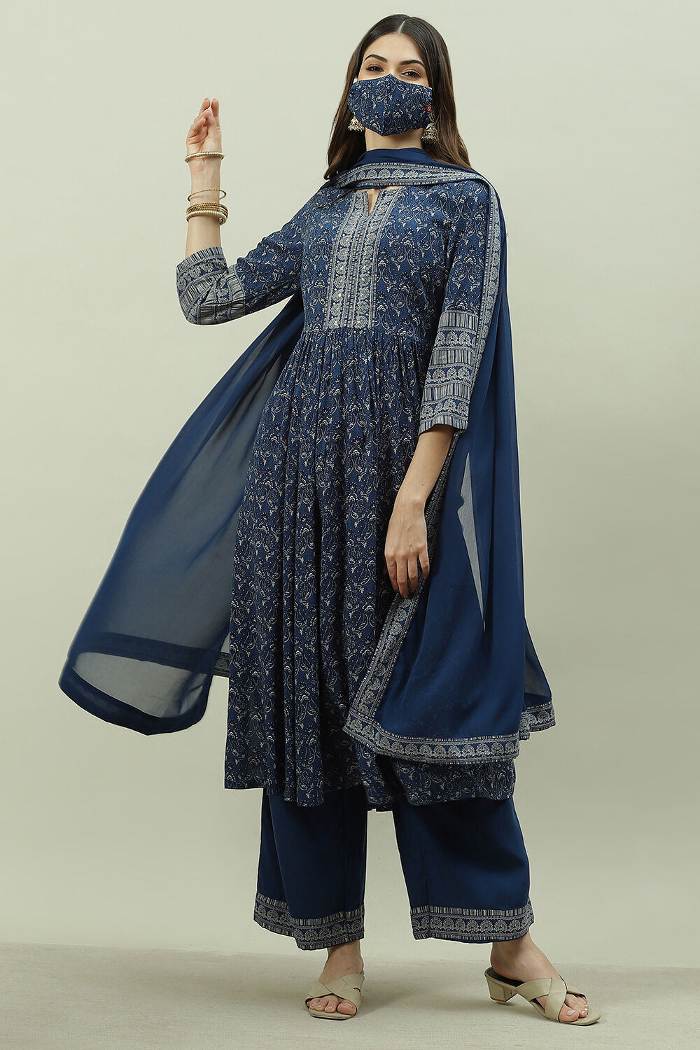 Blue Rayon A-Line Kurta Palazzo Suit Set image number 6