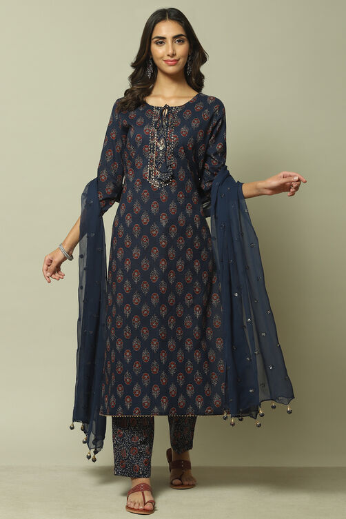 Indigo Cotton Hand Block Print Unstitched Suit Set image number 1