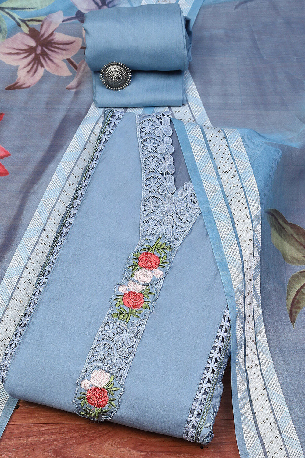 Green Silk Blend Unstitched Suit Set image number 0