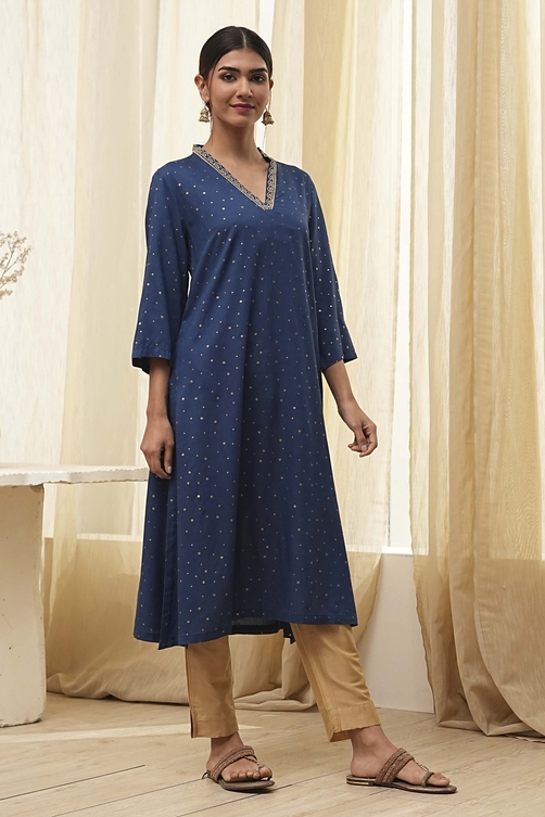 Blue Foil Printed Straight Kurta image number 4