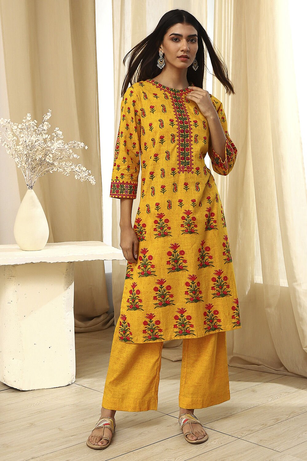 Yellow Pure Cotton Straight Kurta Set image number 6