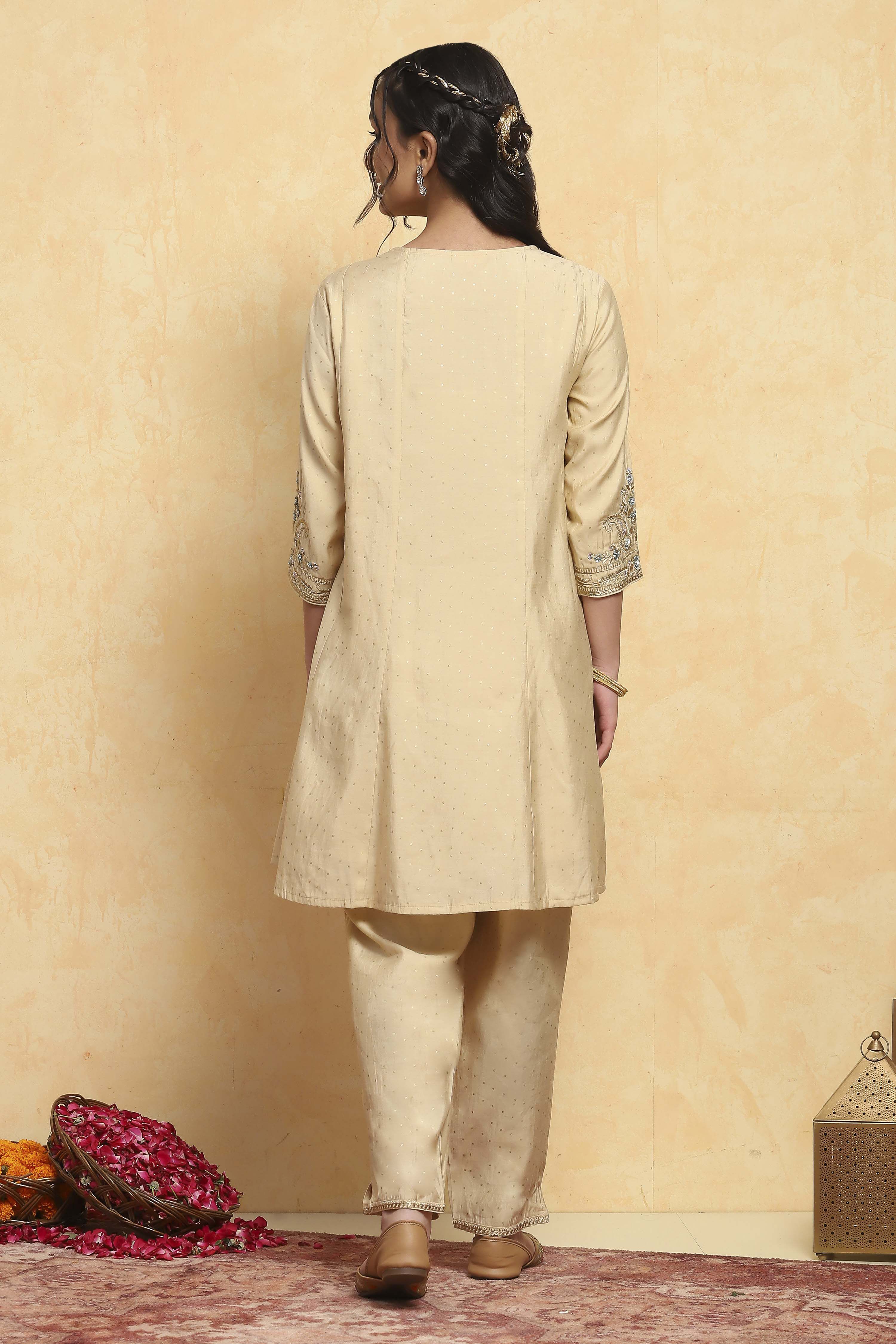 Beige Viscose Blend Kalidar Suits image number 4