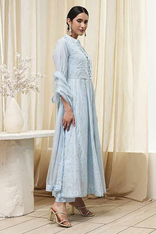 Off-White Cotton Embellished Anarkali Suit Set image number 5