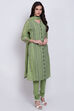 Green Cotton Straight Kurta Churidar Suit Set image number 3