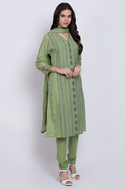 Green Cotton Straight Kurta Churidar Suit Set image number 3