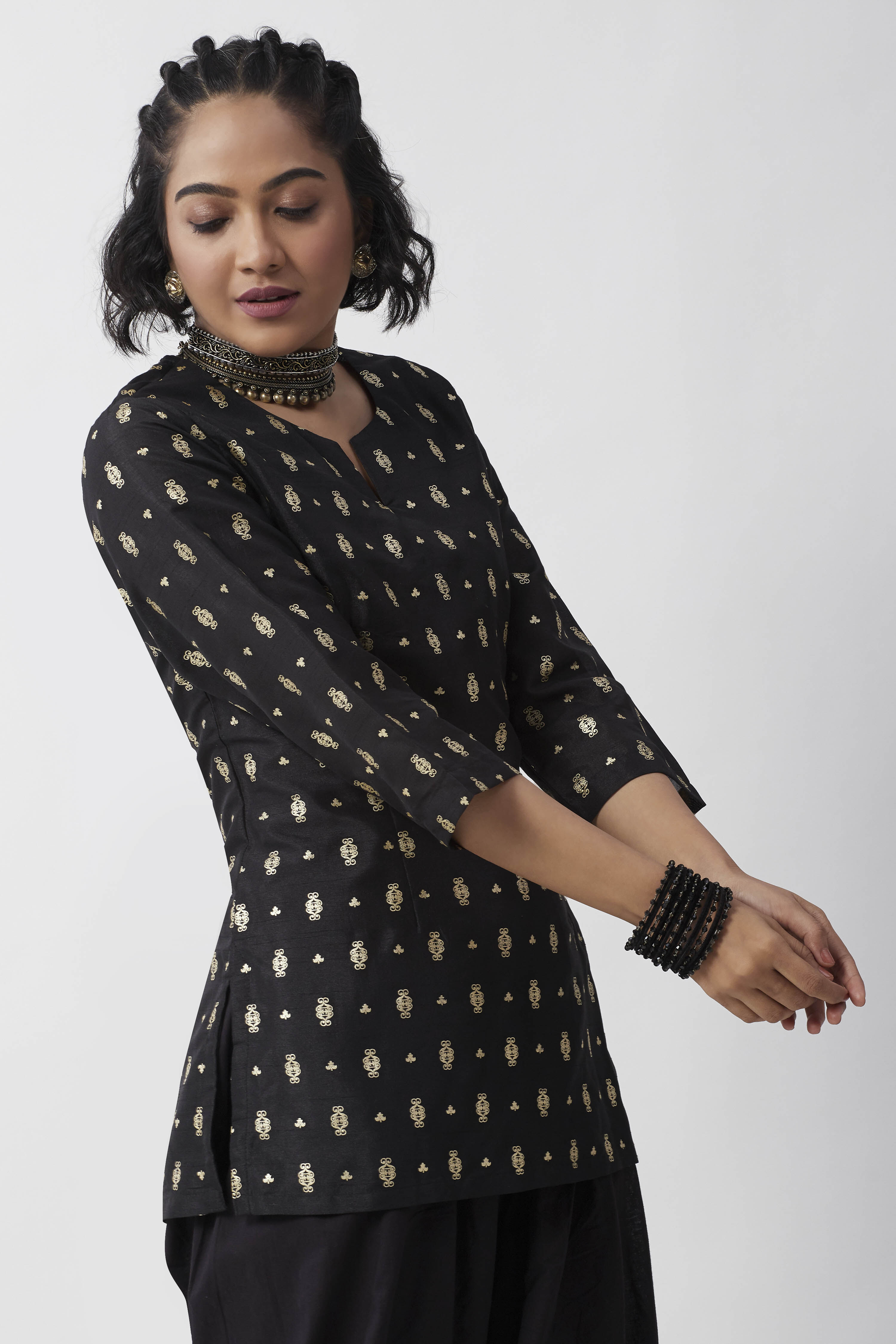 Black Cotton Gold Motif Printed Short Kurti image number 4