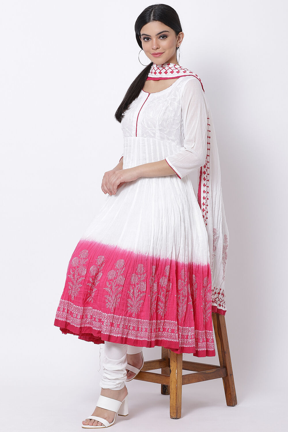 White And Blue Cotton Anarkali Kurta Churidar Suit Set image number 0