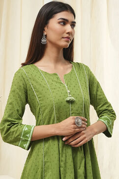 Green Cotton Yarn-Dyed Kalidar Suit Set image number 1