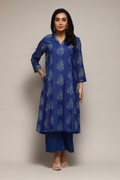Royal Blue Polyester A-Line Printed Kurta Palazzo Suit Set image number 6