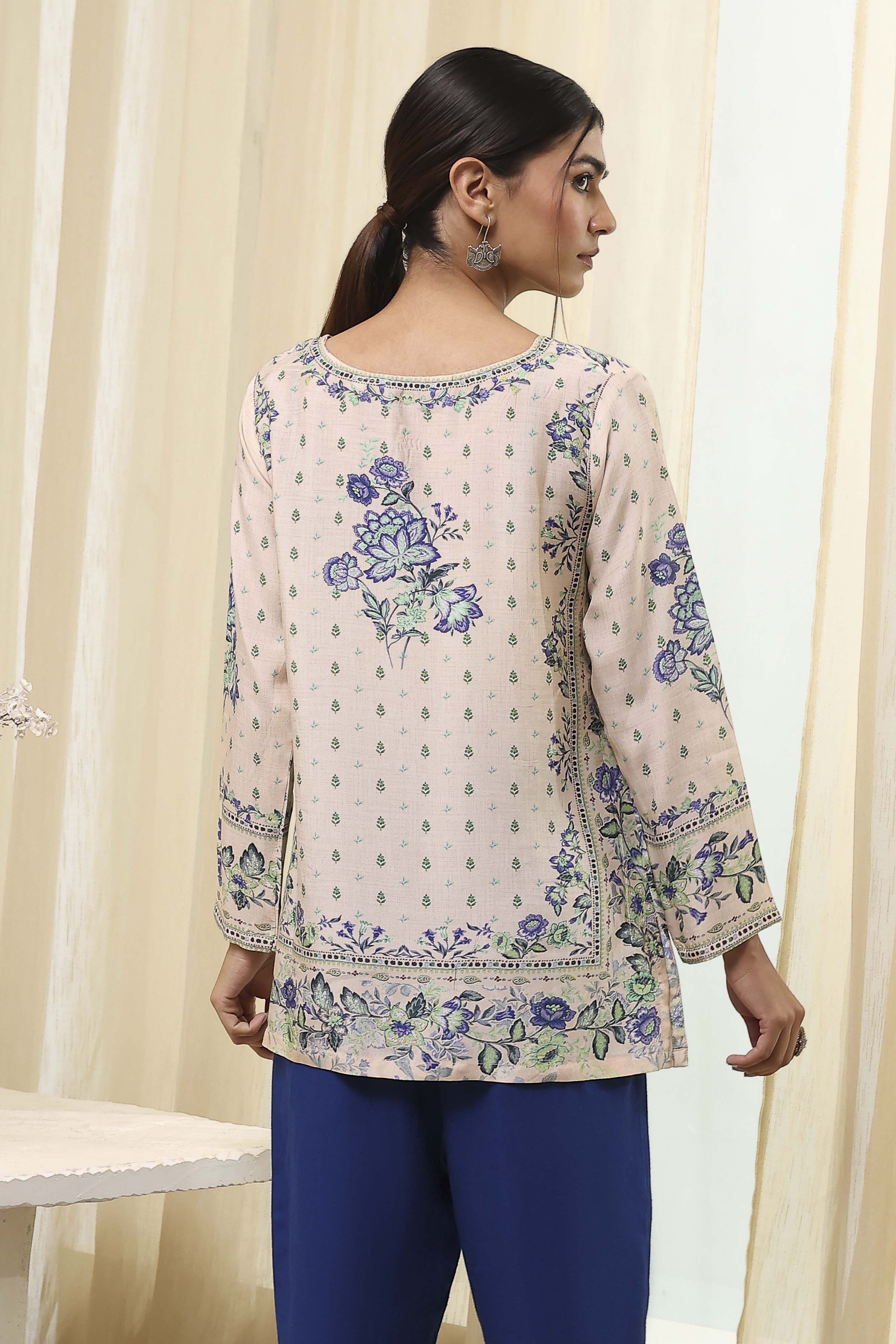 Off-White and Blue Modal Blend Straight Short Kurta image number 3