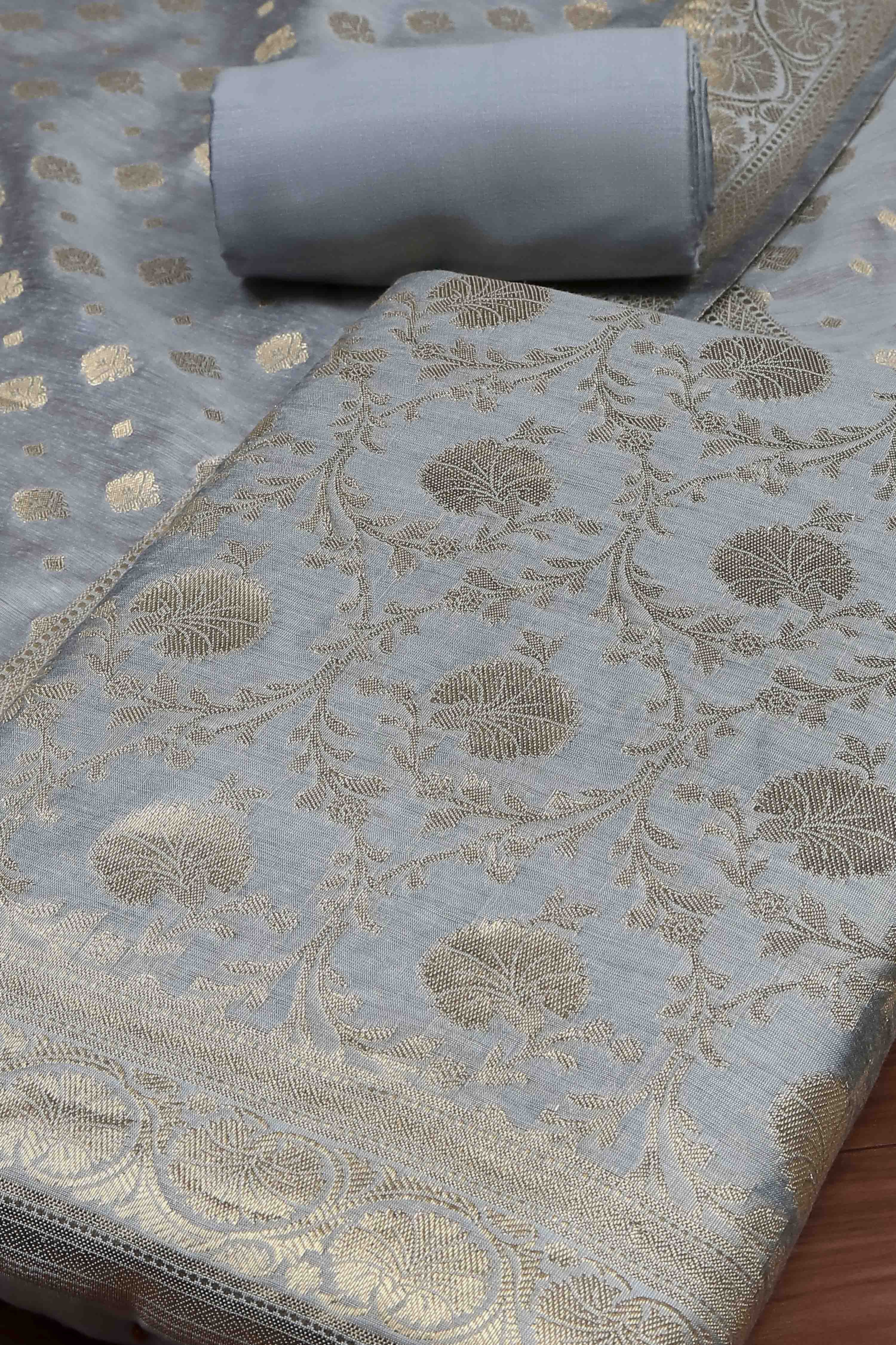 Dusty Mauve Banarasi Chanderi Banarasi Print Unstitched Suit Set image number 1