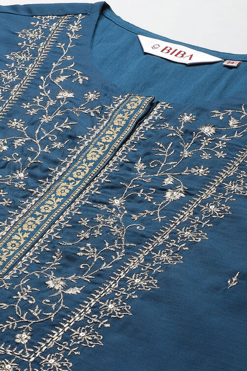 Teal Art Silk Straight Kurta Slim Pant Suit Set image number 1