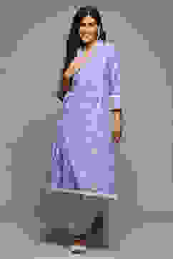 Lilac Cotton Straight Embroidered Kurta image number 0