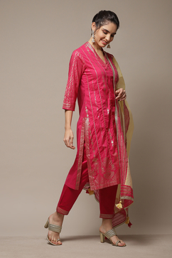 Fuchsia Cotton Straight Kurta Pants Suit Set image number 4