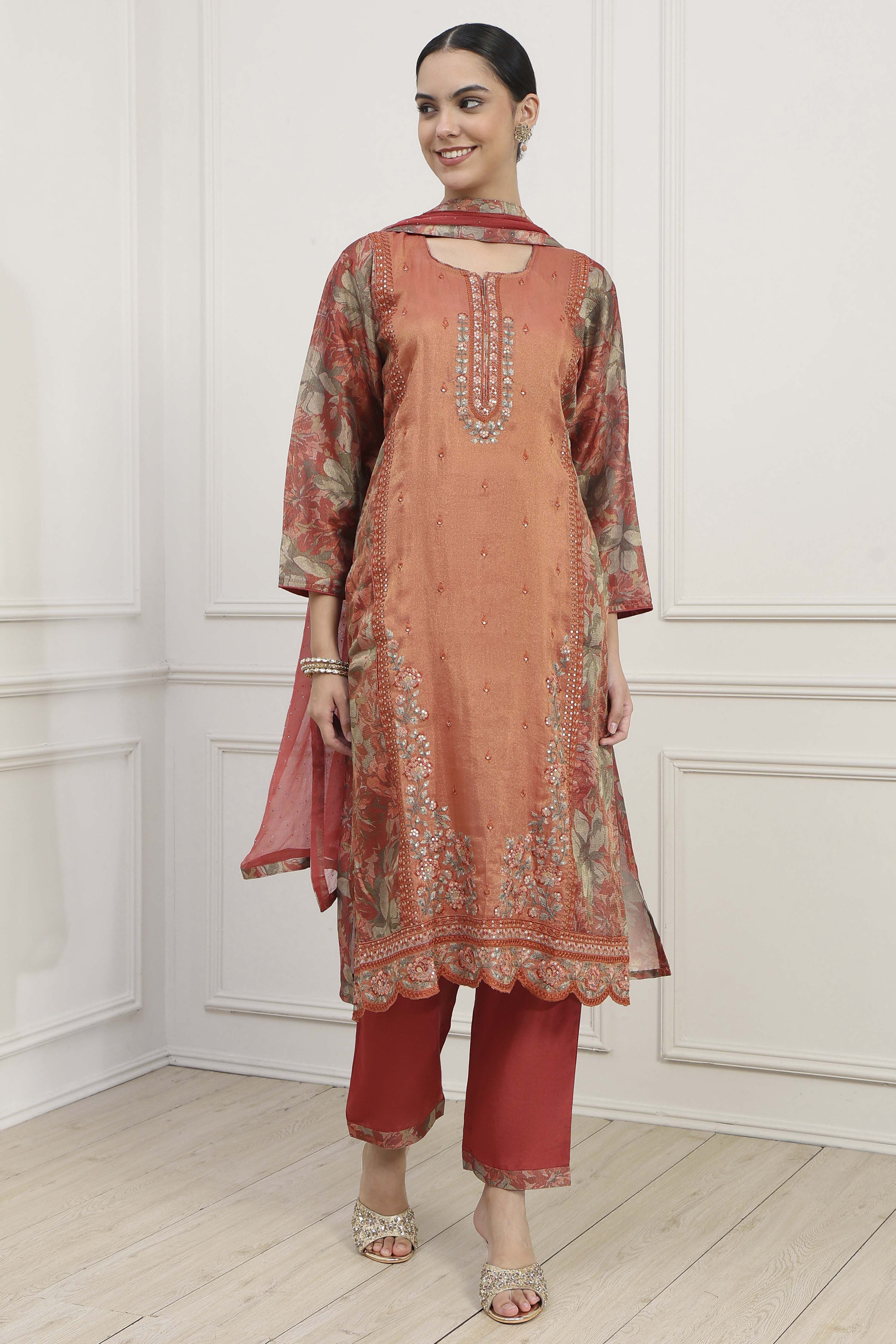 Rust Silk Blend Machine Embroidered Unstitched Suit Set image number 1