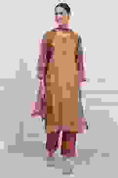 Rust Silk Blend Machine Embroidered Unstitched Suit Set image number 1