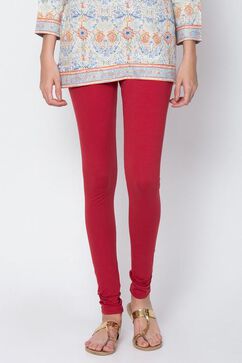 Red Cotton Blend Solid Churidar image number 1