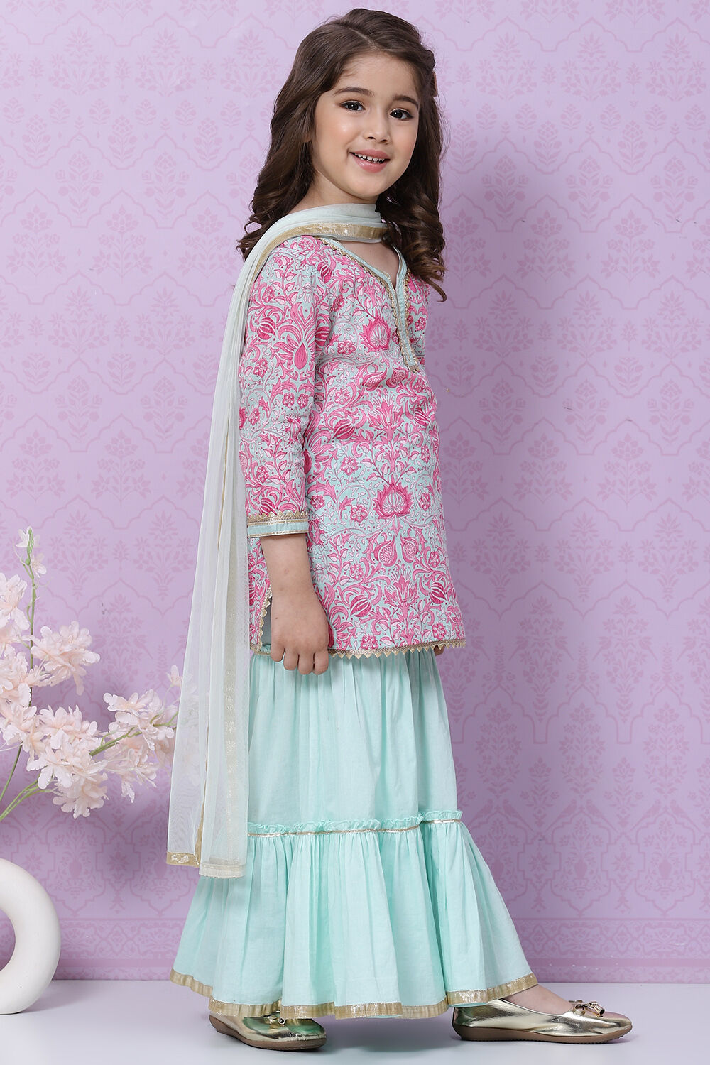 Powder Green Cotton Sharara Kurta Sharara Suit Set image number 6