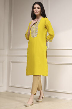 Lime Green Cotton Straight Solid Kurta image number 2