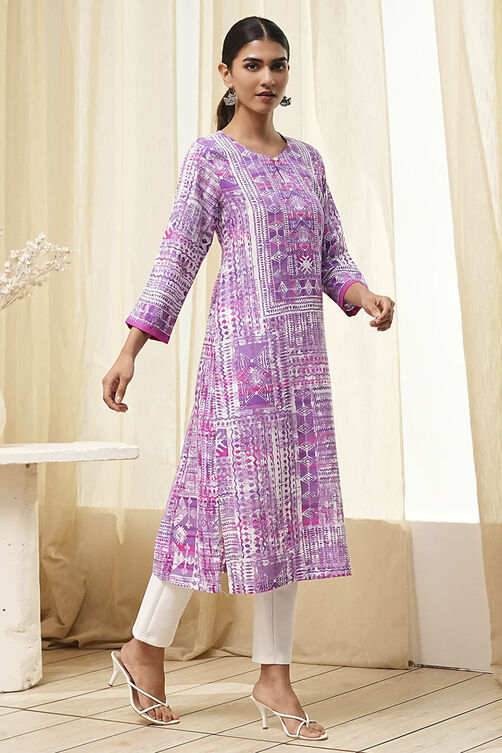 Lavender Printed Straight Kurta image number 4