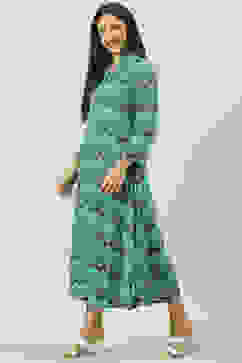 Turquoise Chevron Block Printed Shirt-Style Flared Dress image number 3