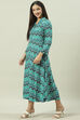 Turquoise Chevron Block Printed Shirt-Style Flared Dress image number 3