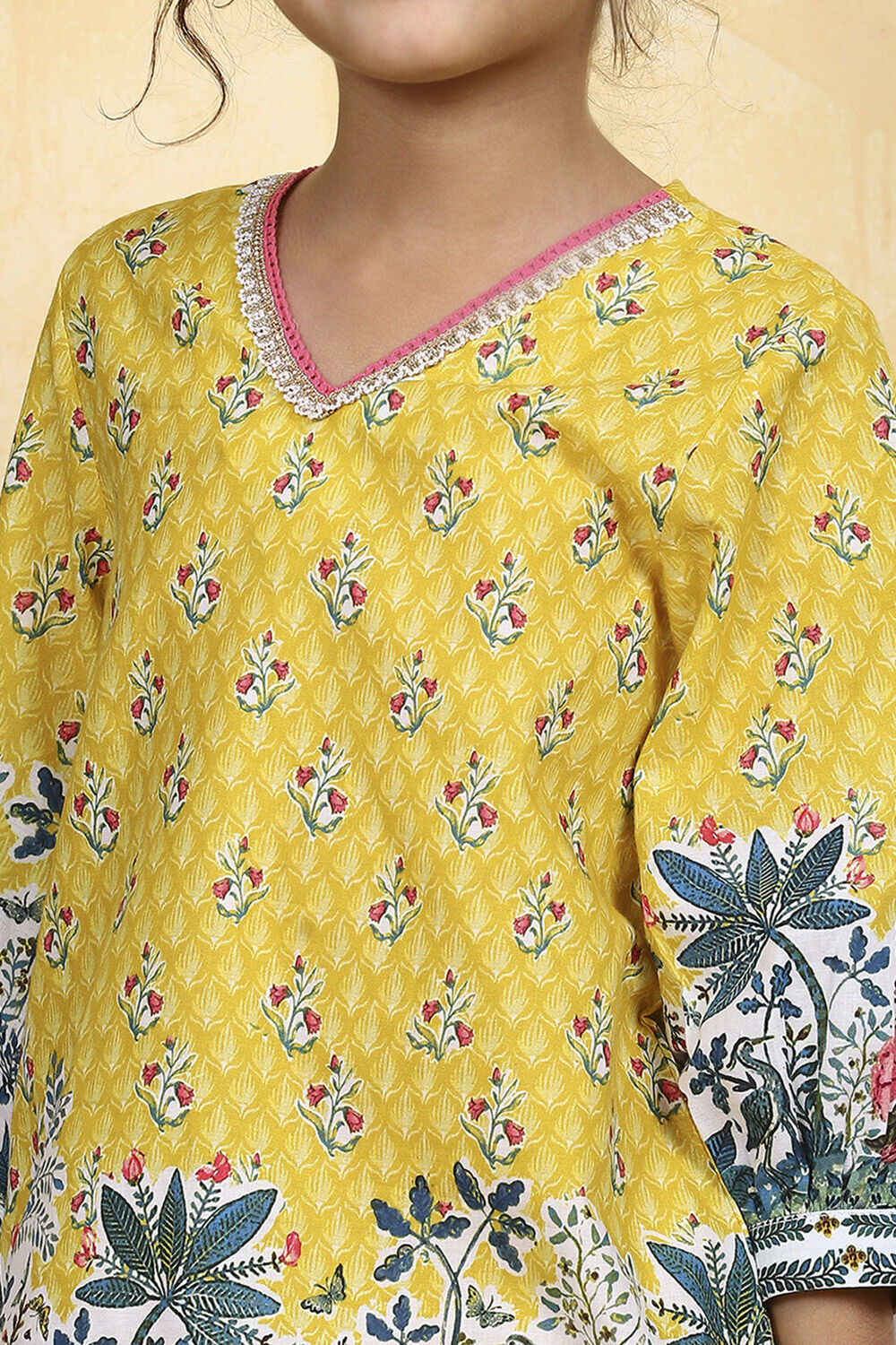 Yellow Cotton Printed A-Line Kurta Pants Set image number 1