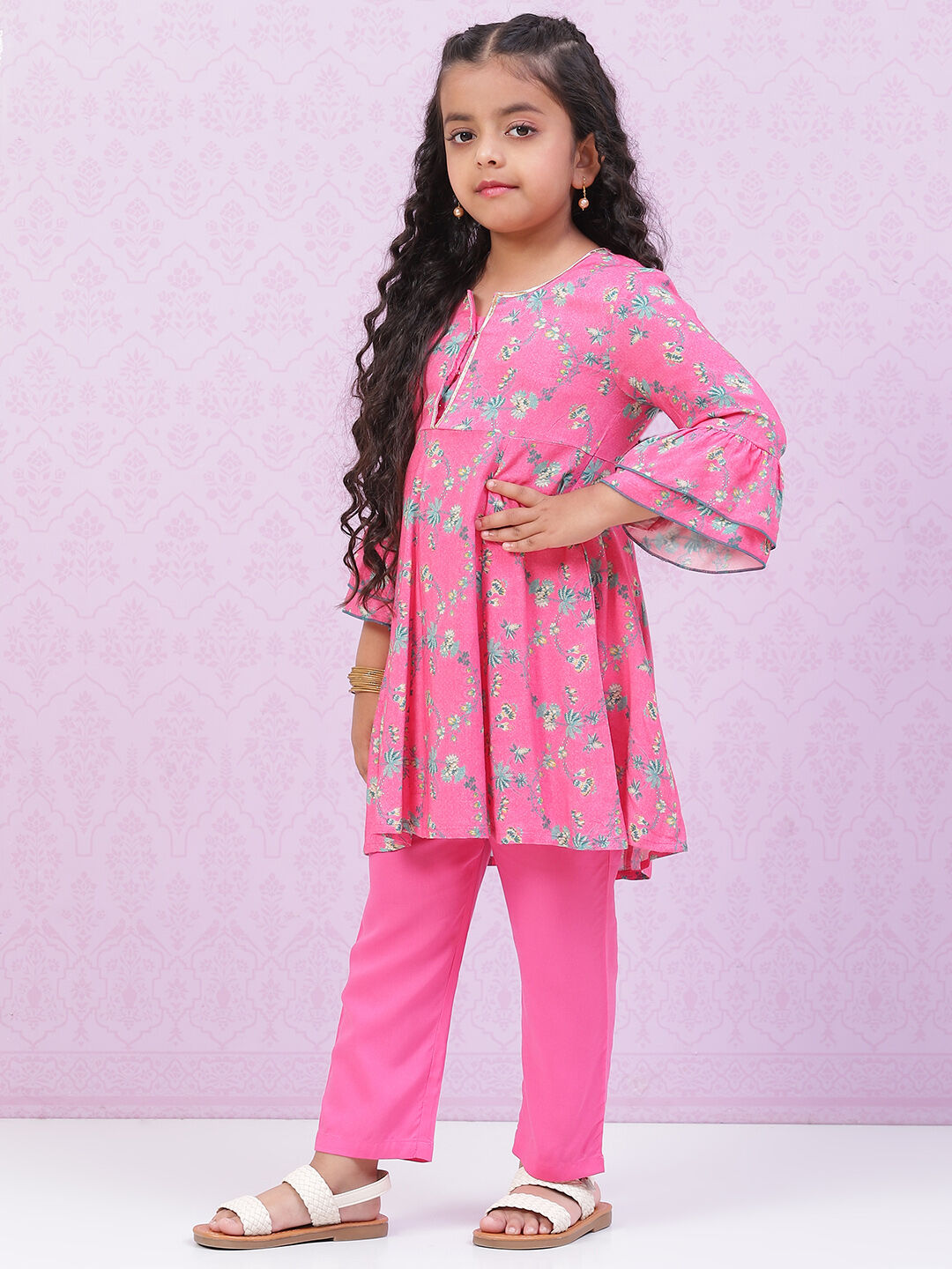 Pink Rayon Kalidar Printed Kurta Set image number 3