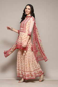 Off White Polyester Straight Printed Kurta Garara Suit Set image number 5