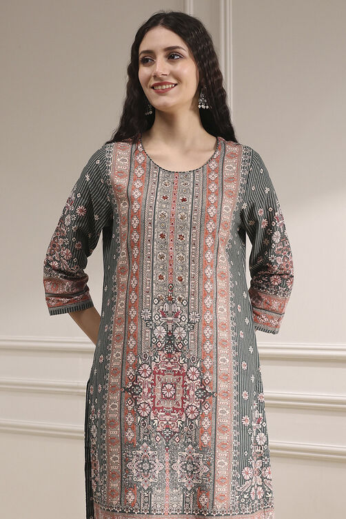 Grey Cotton Straight Printed Suit Set image number 1
