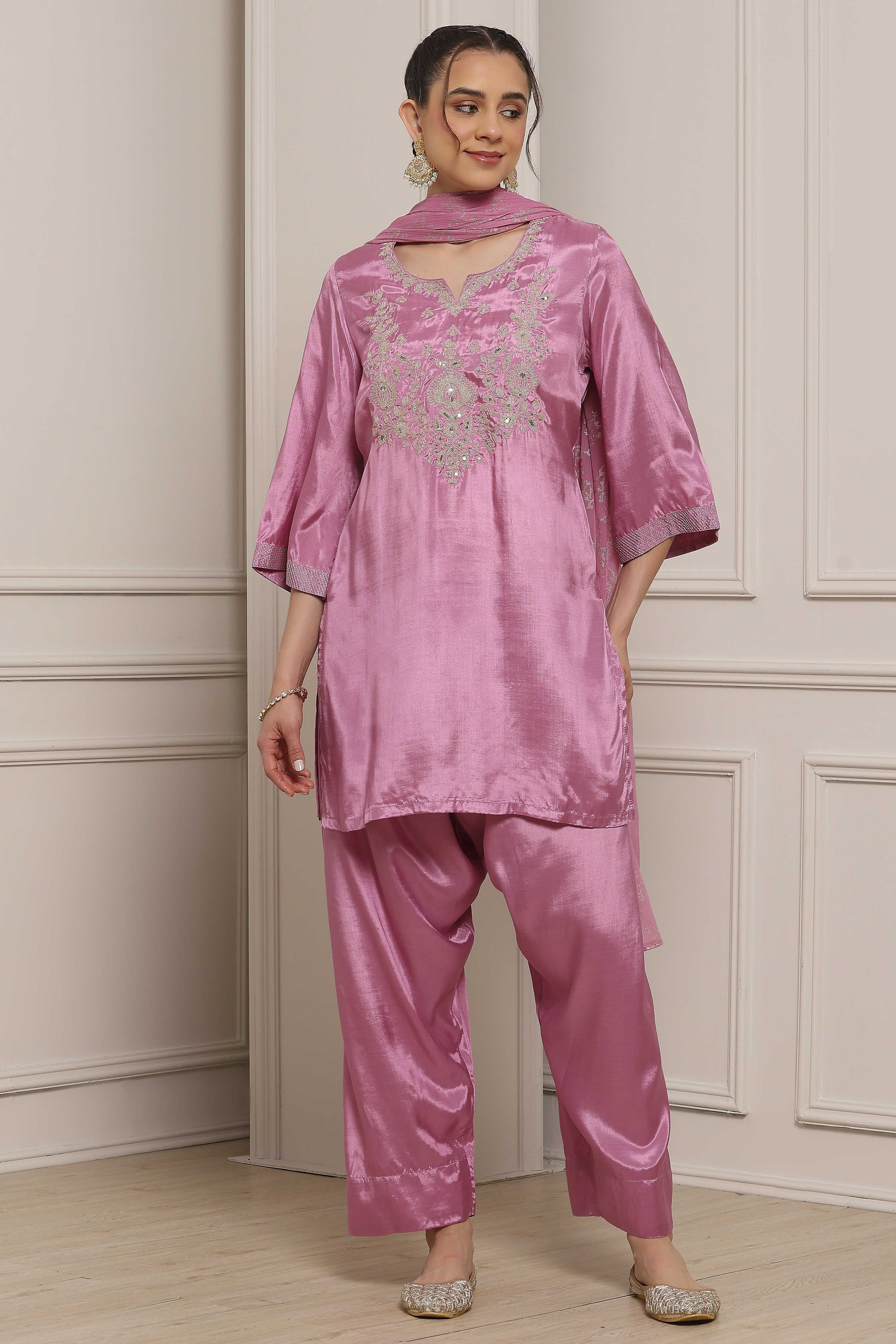 Pink Viscose Shantoon Embroidered Straight Suit Set image number 6