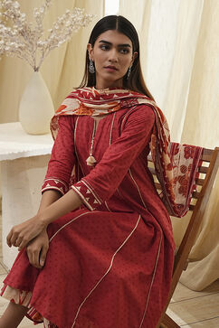 Rust Cotton Yarn-Dyed Kalidar Suit Set image number 0