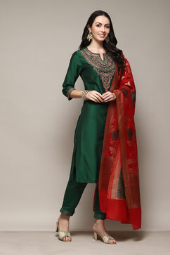 Green & Red Poly Viscose Straight Kurta Slim Pant Suit Set image number 6