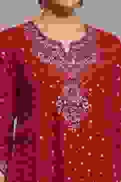 Red Cotton A-Line Yarndyed Suit Set image number 1