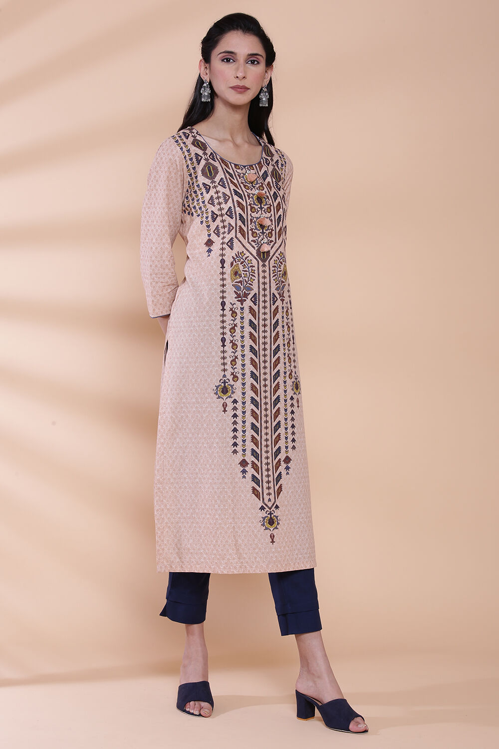 Peach Cotton Straight Kurta image number 3