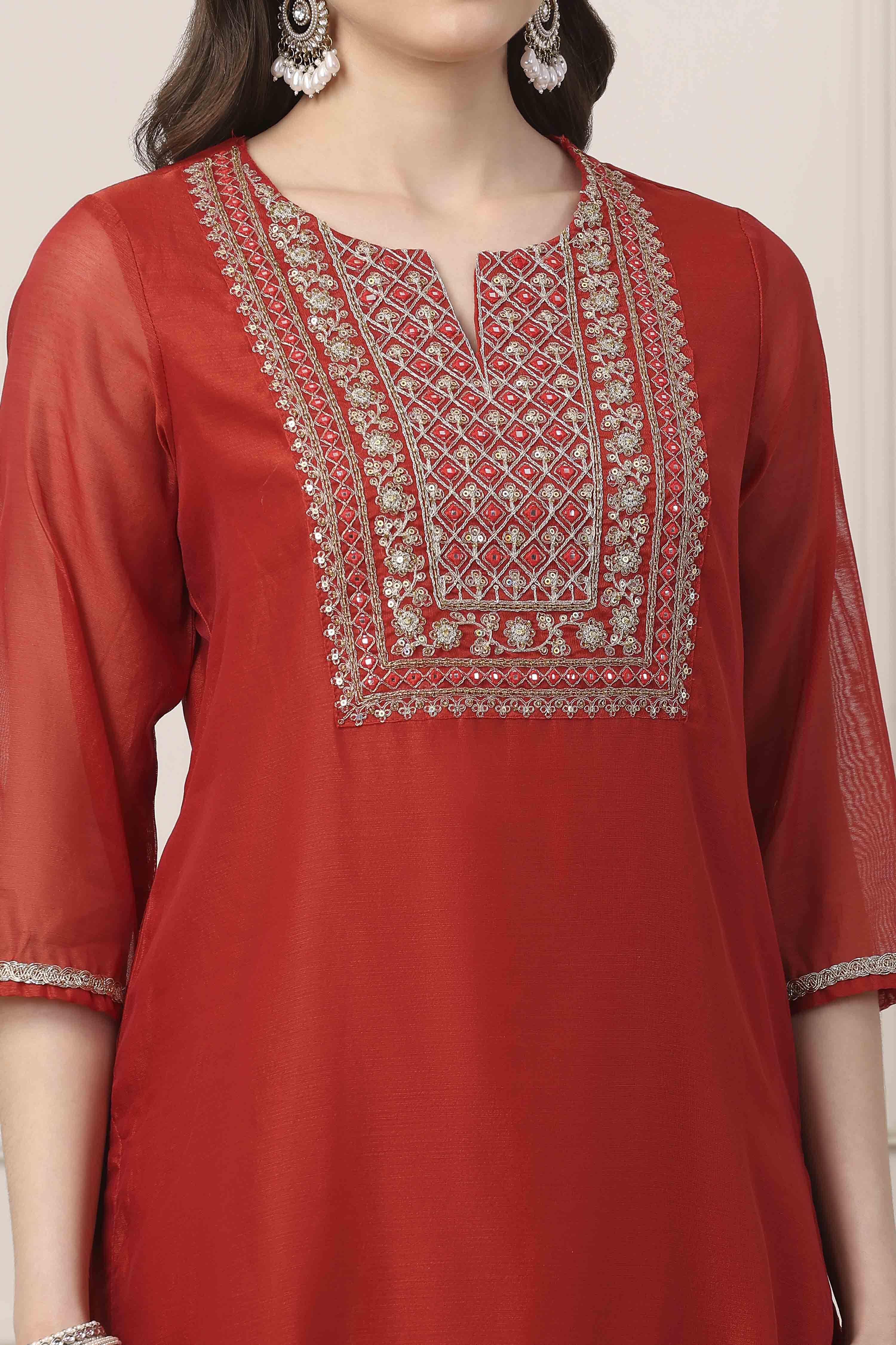 Red Poly Chanderi Straight Suit Set image number 1