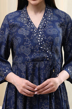 Navy Blue Printed Angrakha Style Anarkali Suit Set image number 1