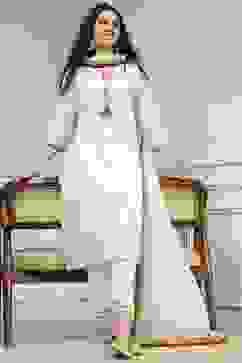 Off-White Art Silk Printed Straight Suit Set image number 0