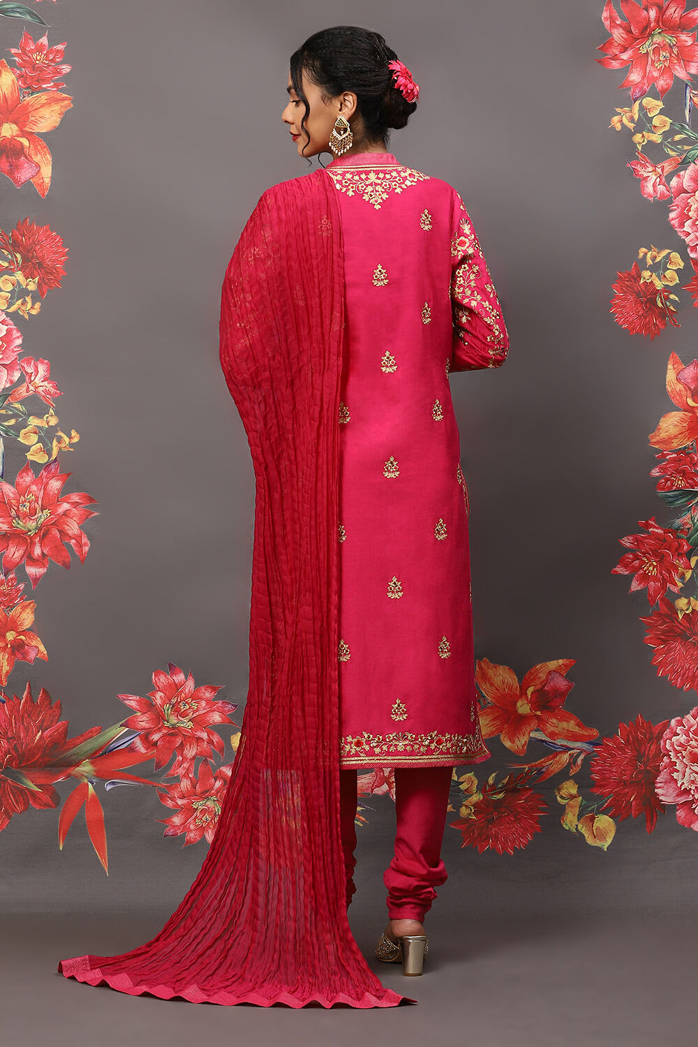 Fuschia Cotton Blend Straight Kurta Suit Set image number 5